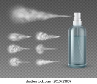 Realistische Spritzflasche mit Jet. Kosmetische Plastikwasser-Aerosol sprühen Nebel Wolken. Deodorant- oder Hautpflegeproduktverpackung 3D Vektorgrafik nach oben. Illustration des Kosmetikpulverisierers