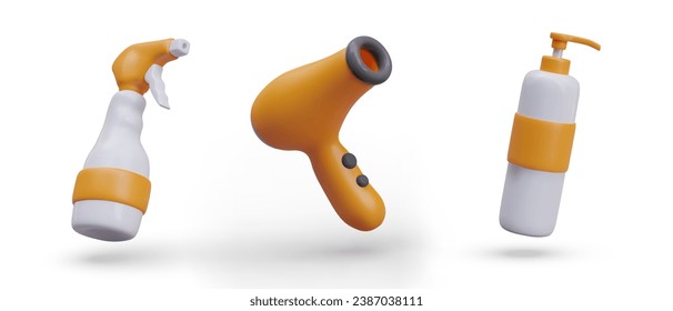 Realistic spray bottle with protection for hair, plastic bottle with shampoo and hair dryer with white background. Vector illustration in 3d style and orange elements