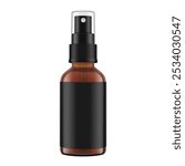 Realistic spray brown bottle mockup with black label. Vector illustration isolated on white background. Сan be used for loss sprays, cosmetic, medical, and other needs. EPS10.