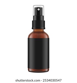 Realistic spray brown bottle mockup with black label. Vector illustration isolated on white background. Сan be used for loss sprays, cosmetic, medical, and other needs. EPS10.