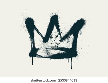 Realistic spray painted graffiti crown sign in black over white background. Crown drip symbol. Sprayed crown paint drips. Template graffiti crown tag. Street art king tag symbol. Vector Illustration