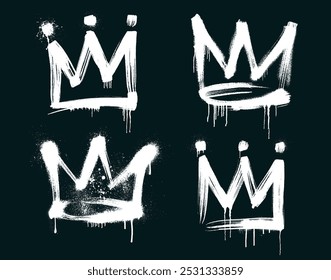 Realistic spray painted graffiti crown sign in black over white background. Crown drip symbol. Sprayed crown paint drip. Template graffiti crown tag. Street art king tag symbol. Vector Illustration