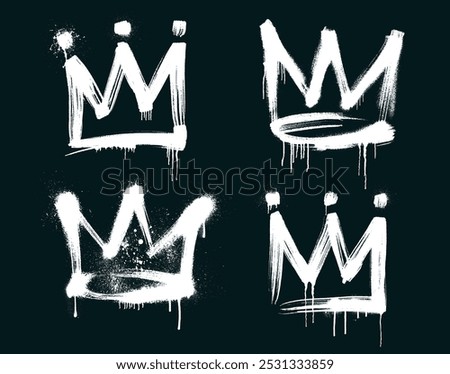 Realistic spray painted graffiti crown sign in black over white background. Crown drip symbol. Sprayed crown paint drip. Template graffiti crown tag. Street art king tag symbol. Vector Illustration