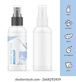 Realistic spray plastic bottle mockup with set icons.  Vector illustration isolated on white background. Сan be used for cosmetic, medical, sanitary and other needs. EPS10.