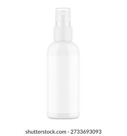 Maqueta realista de botella de plástico en aerosol.  Ilustración vectorial aislada sobre fondo blanco. Puede ser utilizado para cosméticos, médicos, sanitarios y otras necesidades. EPS10.