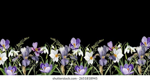 Banner de borda floral de primavera realista com roxo, íris e narciso branco no fundo preto. Perfeito para convites de casamento, cabeçalhos, embalagem e design sazonal.