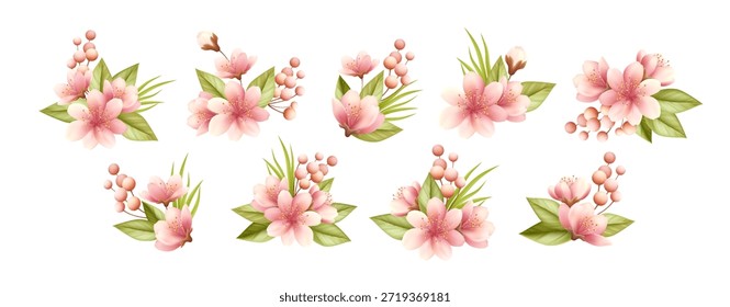 Flores de primavera realistas en colores vibrantes crean una elegante ilustración de ramo floral con fondo blanco perfecto para tarjetas de felicitación románticas y diseños de boda.