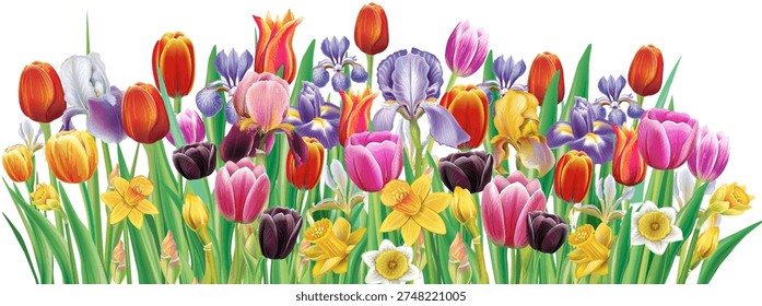 Realistic spring flowers vector collection with tulip iris and daffodil botanical elements isolated for editable floral compositions and decorative design