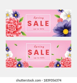 Realistic spring flowers vintage sale banner