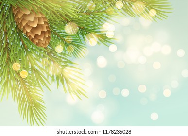 Realistic spruce branch with pinecone illustration. Fir-tree twig with bump on light background. Christmas decoration with round sparks. Postcard, banner design. Isolated vector illustration