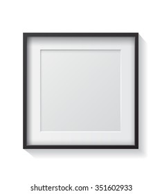 Realistic Square Black Blank Picture Frame, Hanging On A White Wall From The Front. 
Design Template For Mock Up. Vector Illustration