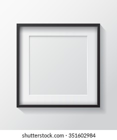 Realistic Square Black Blank Picture frame, hanging on a White Wall from the Front. 
Design Template for Mock Up. Vector illustration