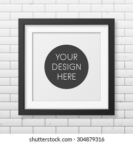 Realistic square black frame on the brick wall background. It can be used for presentations. Vector EPS10 illustration. 