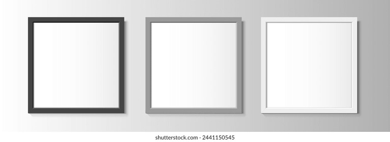 Realistic square black, grey and white frames for paintings or photographs. Vector illustration.