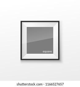 Realistic Square Black and White Blank Picture Frame, hanging on a White Wall from the Front. Vector illustration Empty Frame with Shiny Glass. Design Template for Mock Up.
