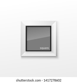 Realistic Square Black and White Blank Picture Frame, hanging on a White Wall from the Front. Vector illustration Empty Frame with Shiny Glass. Design Template for Mock Up.