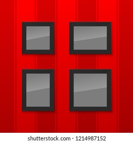 Realistic Square Black wood Blank Picture Frame, hanging on a Red Wall from the Front. Vector illustration Empty Black wood Frame with Shiny Glass. Red Wall Design Template for Mock Up.