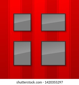 Realistic Square Black wood Blank Picture Frame, hanging on a Red Wall from the Front. Vector illustration Empty Black wood Frame with Shiny Glass. Red Wall Design Template for Mock Up.