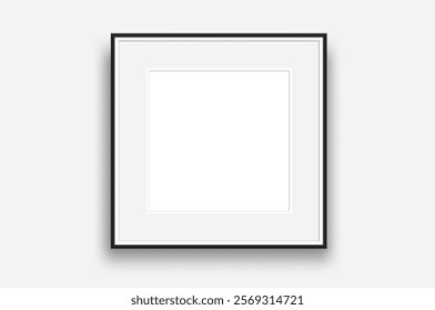 Realistic Square blank plastic or wood frame photo mockup. Empty  wall photo framing template isolated on background. Vector mockup for picture, painting, poster, photographs or art gallery
