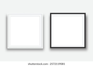 Realistic Square blank plastic or wood frame photo mockup. Empty  wall photo framing template isolated on background. Vector mockup for picture, painting, poster, photographs or art gallery
