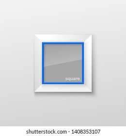 Realistic Square Bright Blue Color Blank Picture Frame, hanging on a White Wall from the Front. Vector illustration Empty Frame with Shiny Glass. Design Template for Mock Up.