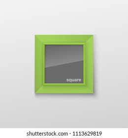 Realistic Square Bright Green Color Blank Picture Frame, hanging on a White Wall from the Front. Vector illustration Empty Frame with Shiny Glass. Design Template for Mock Up.