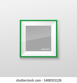 Realistic Square Bright Green Color Blank Picture Frame, hanging on a White Wall from the Front. Vector illustration Empty Frame with Shiny Glass. Design Template for Mock Up.