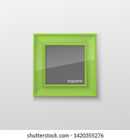 Realistic Square Bright Green Color Blank Picture Frame, hanging on a White Wall from the Front. Vector illustration Empty Frame with Shiny Glass. Design Template for Mock Up.