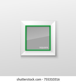 Realistic Square Bright Green Color Blank Picture Frame, hanging on a White Wall from the Front. Vector illustration Empty Frame with Shiny Glass. Design Template for Mock Up.