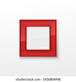 Realistic Square Bright Red Color Blank Picture Frame, hanging on a White Wall from the Front. Vector illustration Empty Frame with Shiny Glass. Design Template for Mock Up.