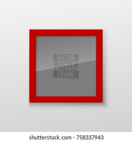 Realistic Square Bright Red Color Blank Picture Frame, hanging on a White Wall from the Front. Vector illustration Empty Frame with Shiny Glass. Design Template for Mock Up.