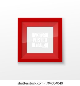 Realistic Square Bright Red Color Blank Picture Frame, hanging on a White Wall from the Front. Vector illustration Empty Frame with Shiny Glass. Design Template for Mock Up.