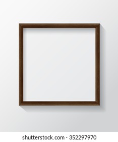 Realistic Square Dark Wood Blank Picture Frame, hanging on a White Wall from the Front. Design Template for Mock Up. Vector illustration
