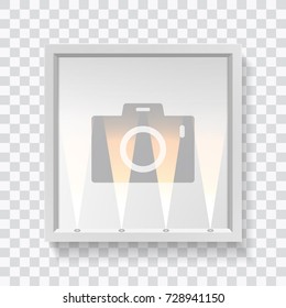 Realistic square empty picture frame with spotlight. Blank white picture frame mockup template isolated on neutral background. Vector illustration