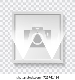 Realistic square empty picture frame with spotlight. Blank white picture frame mockup template isolated on neutral background. Vector illustration