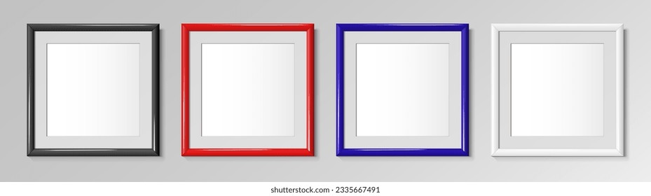 Realistic square frames in black and white color also available in red and blue for paintings or photographs. Vector illustration.