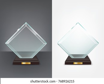 Realistic Square Glass Trophy, Sport And Business Award, Prize To The Winner Of The Competition, Winning Cup, Vector Isolated Illustration, Front View