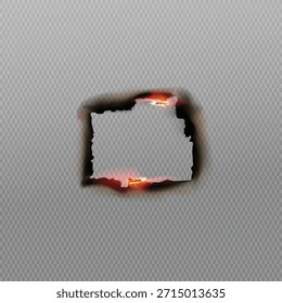 Realistic square hole burned through paper texture with glowing embers and dark charred edges