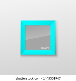 Realistic Square Light Azure Color Blank Picture Frame, hanging on a White Wall from the Front. Vector illustration Empty Frame with Shiny Glass. Design Template for Mock Up