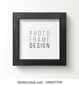 Realistic Square Light Black Wood Blank Picture Frame, Hanging On White Wall From The Front. Design Template For Mock Up.