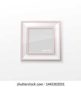 Realistic Square Light Coral Color Blank Picture Frame, hanging on a White Wall from the Front. Vector illustration Empty Frame with Shiny Glass. Design Template for Mock Up.