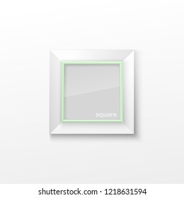 Realistic Square Light Green Color Blank Picture Frame, hanging on a White Wall from the Front. Vector illustration Empty Frame with Shiny Glass. Design Template for Mock Up.