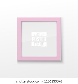 Realistic Square Light Pink Color Blank Picture Frame, hanging on a White Wall from the Front. Vector illustration Empty Frame with Shiny Glass. Design Template for Mock Up.