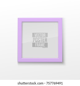 Realistic Square Light Purple Color Blank Picture Frame, hanging on a White Wall from the Front. Vector illustration Empty Frame with Shiny Glass. Design Template for Mock Up.