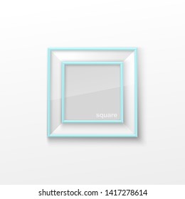 Realistic Square Light Sky-blue Color Blank Picture Frame, hanging on a White Wall from the Front. Vector illustration Empty Frame with Shiny Glass. Design Template for Mock Up.