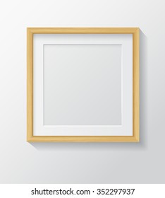 Realistic Square Light Wood Blank Picture Frame, Hanging On A White Wall From The Front. Design Template For Mock Up. Vector Illustration