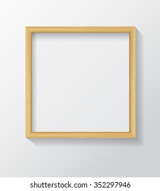 Realistic Square Light Wood Blank Picture Frame, hanging on a White Wall from the Front. Design Template for Mock Up. Vector illustration