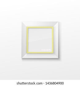 Realistic Square Light Yellow Color Blank Picture Frame, hanging on a White Wall from the Front. Vector illustration Empty Frame with Shiny Glass. Design Template for Mock Up.