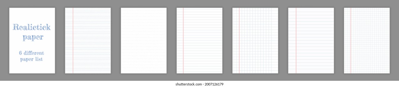 Realistic square, lined paper blank sheets set isolated on transparent background. Art design lines, grid page notebook with margin. Back to school concept. Different list paper. Vector illustration.