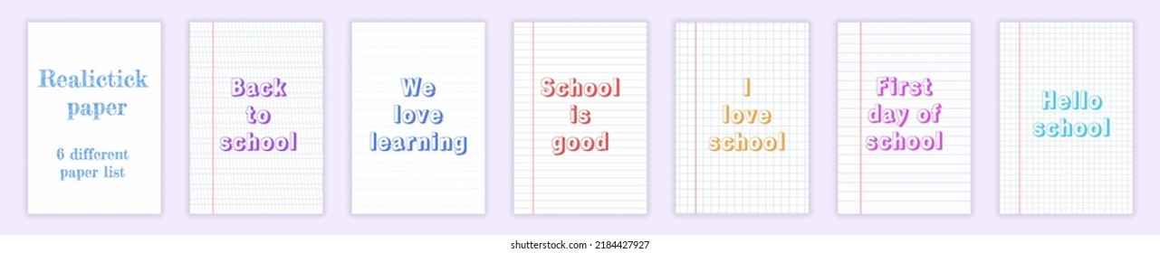 Realistic square, lined paper blank sheets set isolated on transparent background. Art design lines, grid page notebook with margin. Back to school concept. Different list paper. Vector illustration.